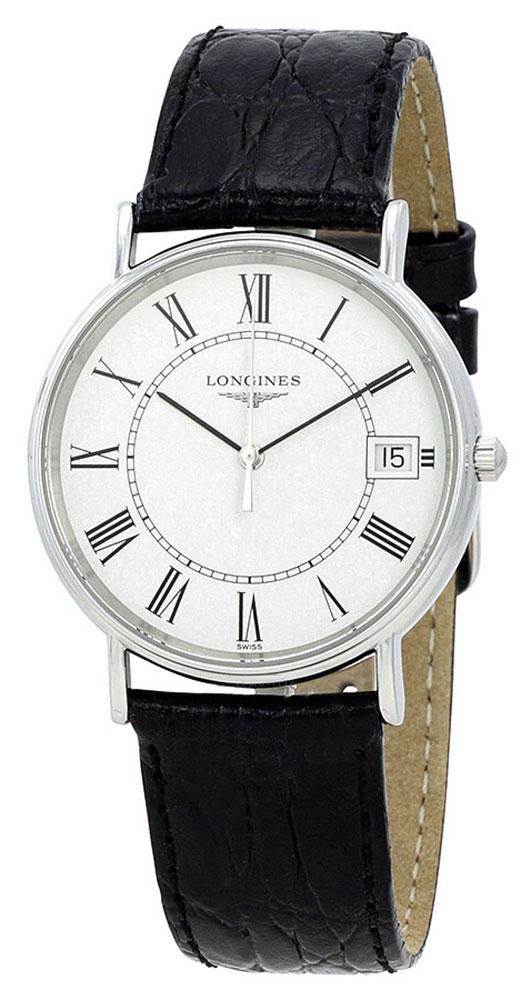 Longines Presence Stainless Steel White Dial Black Leather Strap Date Quartz Mens Watch L4.819.4.11.2 wholesalehk.shop