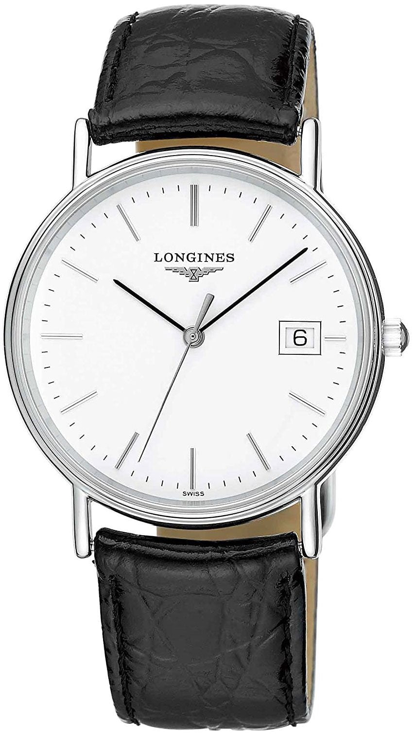 Longines Presence Stainless Steel White Dial Black Leather Strap Date Quartz Unisex Watch L4.720.4.12.2 wholesalehk.shop