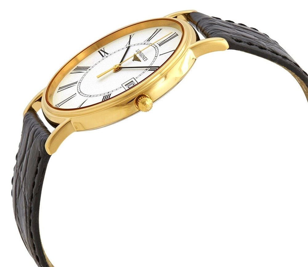 Longines Presence Yellow Gold PVD White Dial Black Leather Strap Date Quartz Mens Watch L4.790.2.11.2 wholesalehk.shop