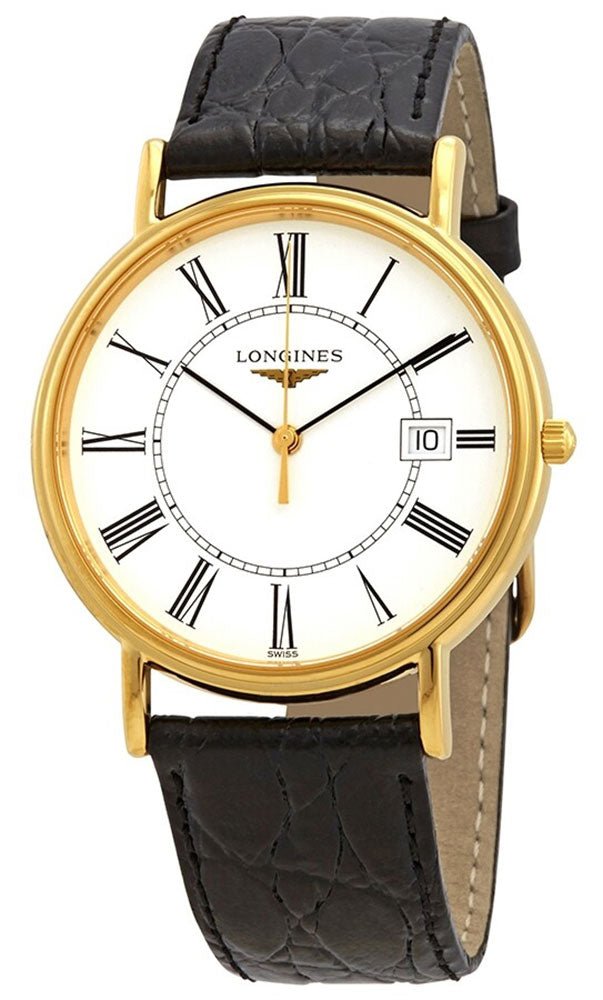 Longines Presence Yellow Gold PVD White Dial Black Leather Strap Date Quartz Mens Watch L4.790.2.11.2 wholesalehk.shop