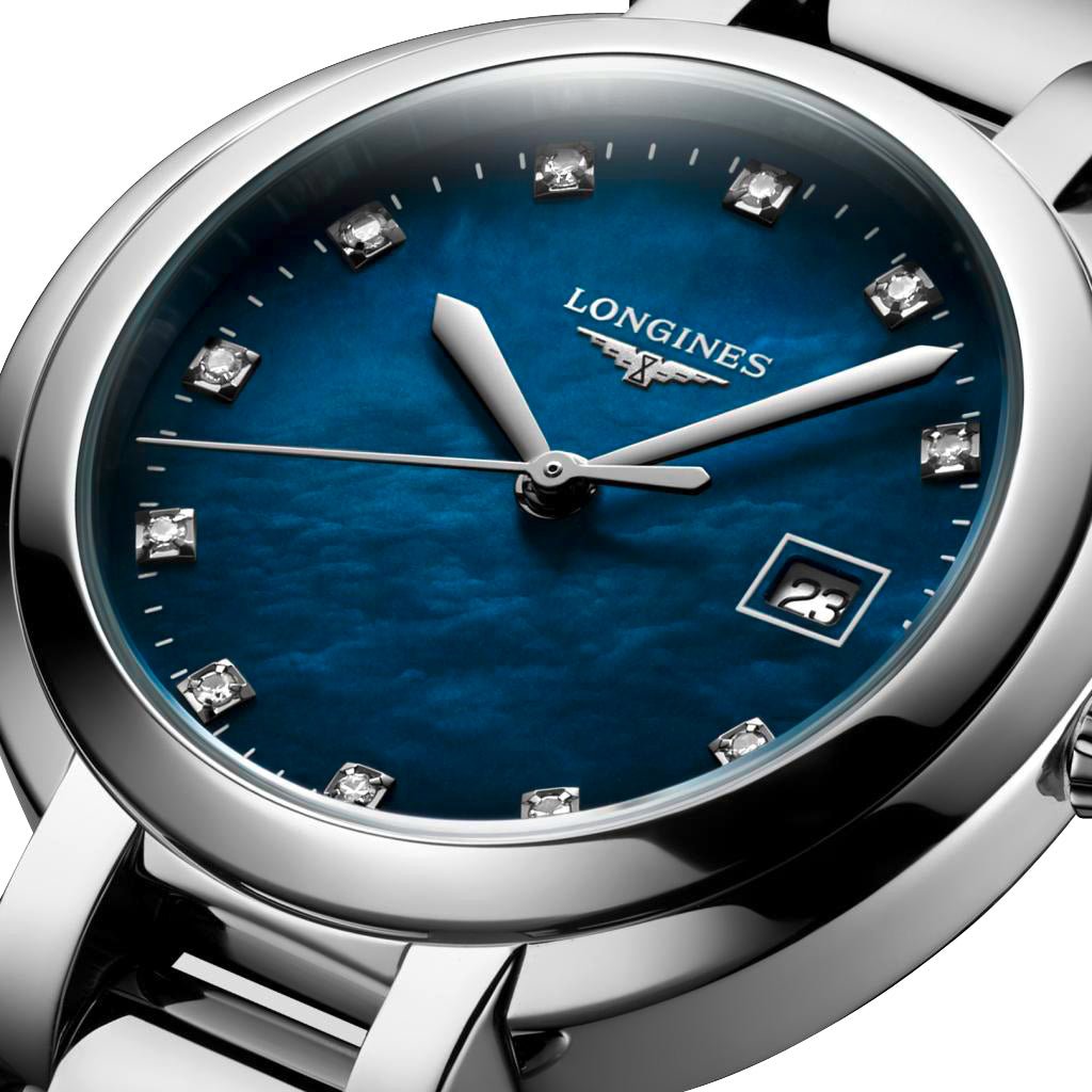 Longines PrimaLuna Stainless Steel Blue Mother-Of-Pearl Dial Diamonds Date Quartz Womens Watch L8.122.4.98.6 wholesalehk.shop