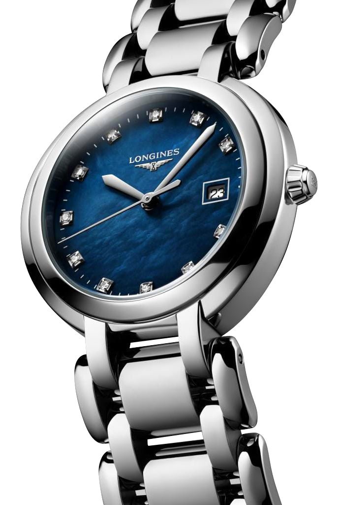 Longines PrimaLuna Stainless Steel Blue Mother-Of-Pearl Dial Diamonds Date Quartz Womens Watch L8.122.4.98.6 wholesalehk.shop