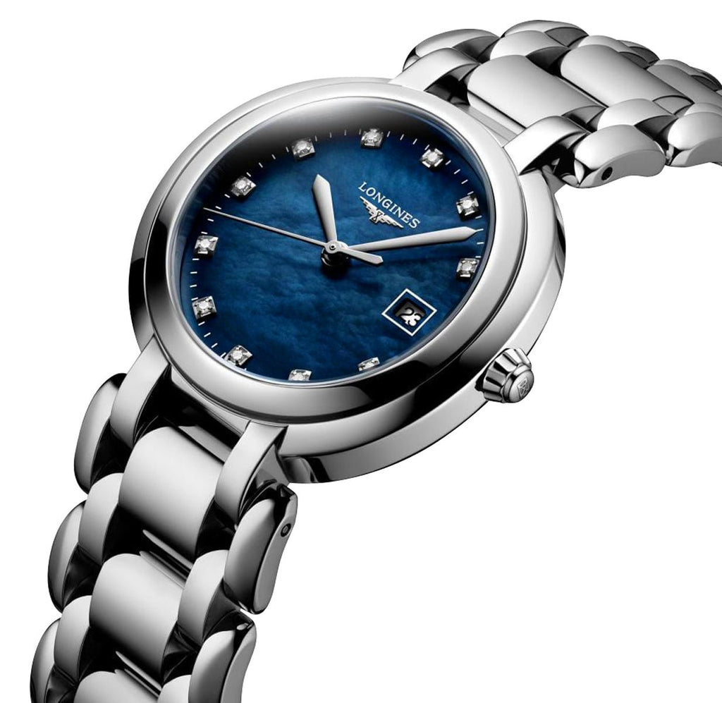 Longines PrimaLuna Stainless Steel Blue Mother-Of-Pearl Dial Diamonds Date Quartz Womens Watch L8.122.4.98.6 wholesalehk.shop