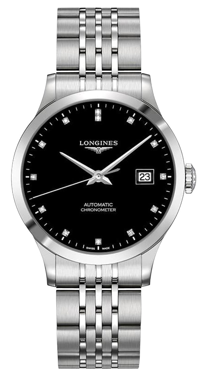 Longines Record Automatic COSC Stainless Steel Black Dial Diamonds Date Mens Watch L2.820.4.57.6 wholesalehk.shop
