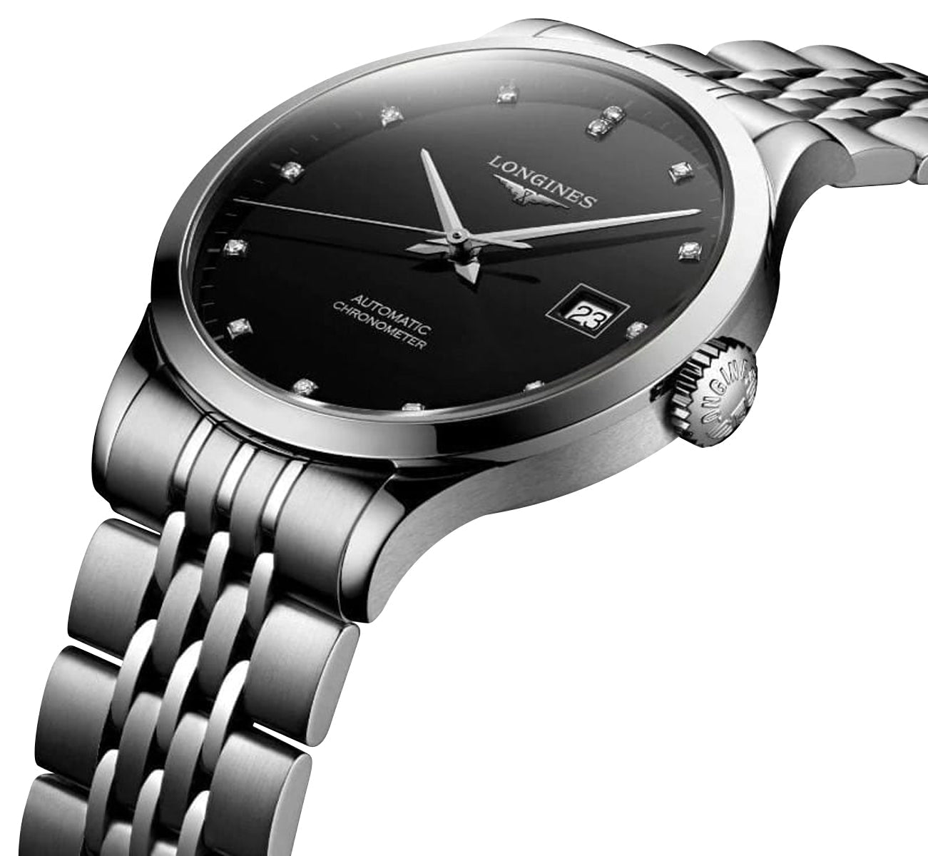 Longines Record Automatic COSC Stainless Steel Black Dial Diamonds Date Mens Watch L2.820.4.57.6 wholesalehk.shop