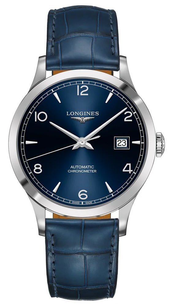 Longines Record Automatic COSC Stainless Steel Blue Dial Blue Leather Strap Date Mens Watch L2.821.4.96.4 wholesalehk.shop