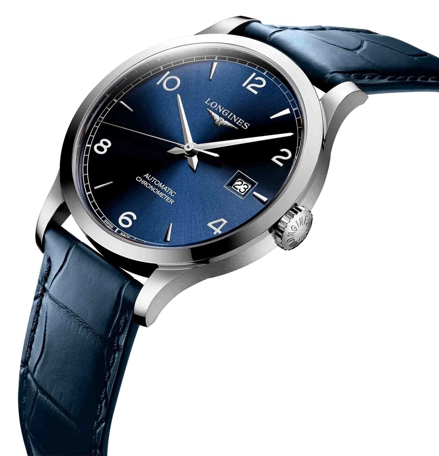 Longines Record Automatic COSC Stainless Steel Blue Dial Blue Leather Strap Date Mens Watch L2.821.4.96.4 wholesalehk.shop