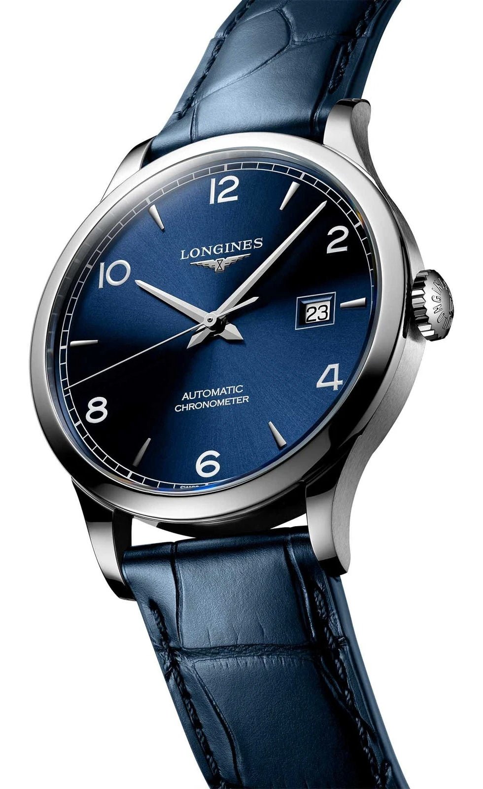 Longines Record Automatic COSC Stainless Steel Blue Dial Blue Leather Strap Date Mens Watch L2.821.4.96.4 wholesalehk.shop