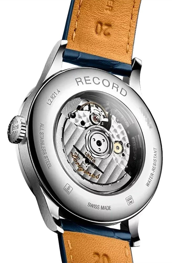 Longines Record Automatic COSC Stainless Steel Blue Dial Blue Leather Strap Date Mens Watch L2.821.4.96.4 wholesalehk.shop