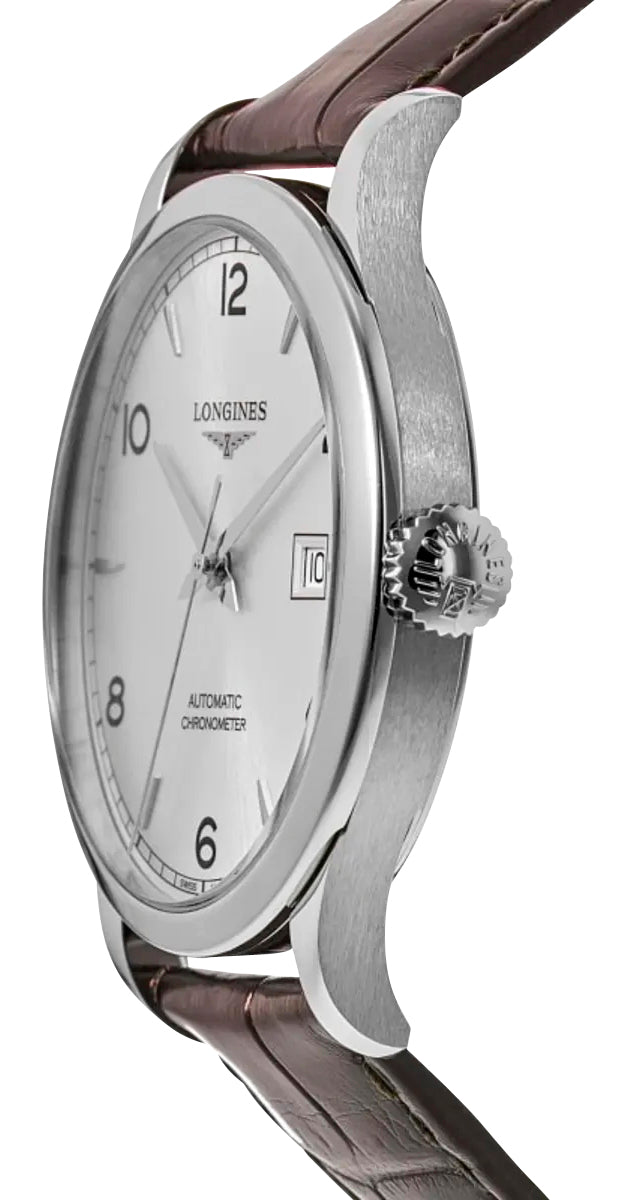 Longines Record Automatic COSC Stainless Steel Silver Dial Brown Leather Strap Date Mens Watch L2.821.4.76.2 wholesalehk.shop