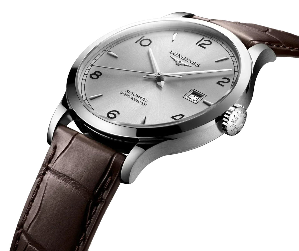 Longines Record Automatic COSC Stainless Steel Silver Dial Brown Leather Strap Date Mens Watch L2.821.4.76.2 wholesalehk.shop