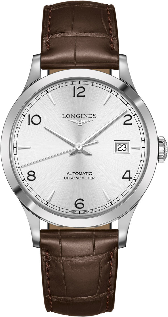 Longines Record Automatic COSC Stainless Steel Silver Dial Brown Leather Strap Date Mens Watch L2.821.4.76.2 wholesalehk.shop