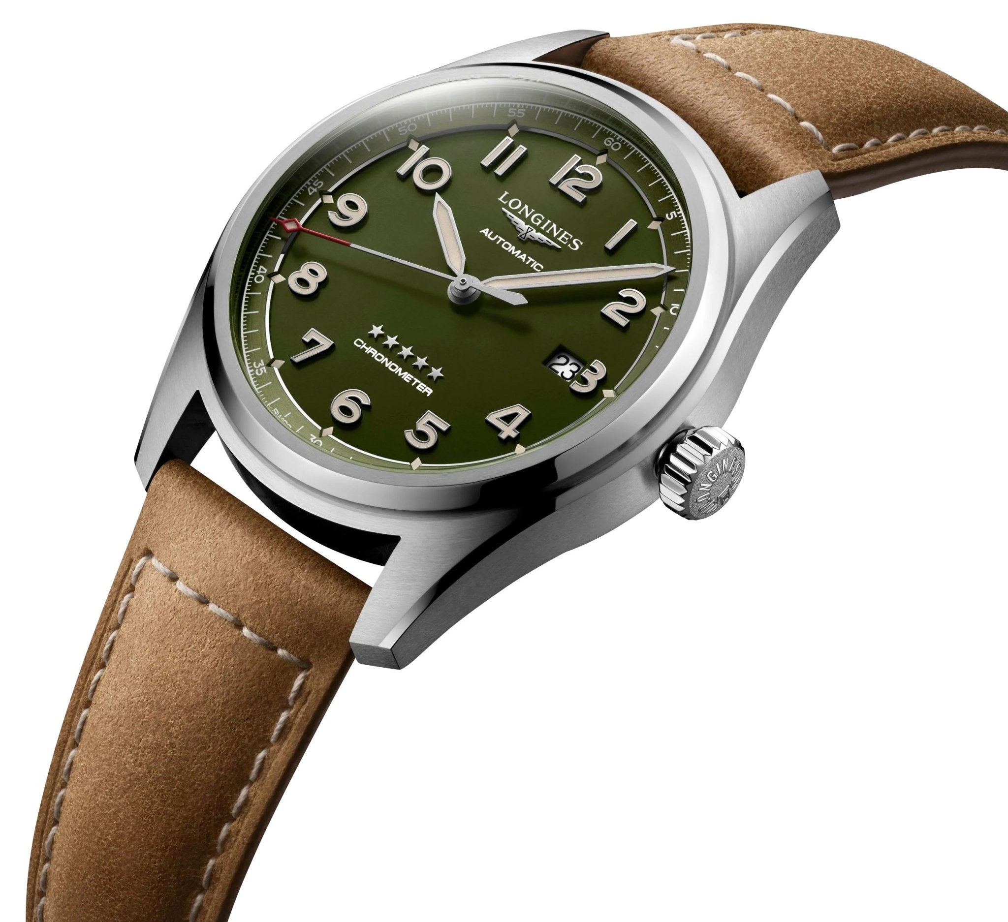 Longines Spirit Automatic COSC Stainless Steel Green Dial Brown Leather Strap Date Mens Watch L3.811.4.03.2 wholesalehk.shop