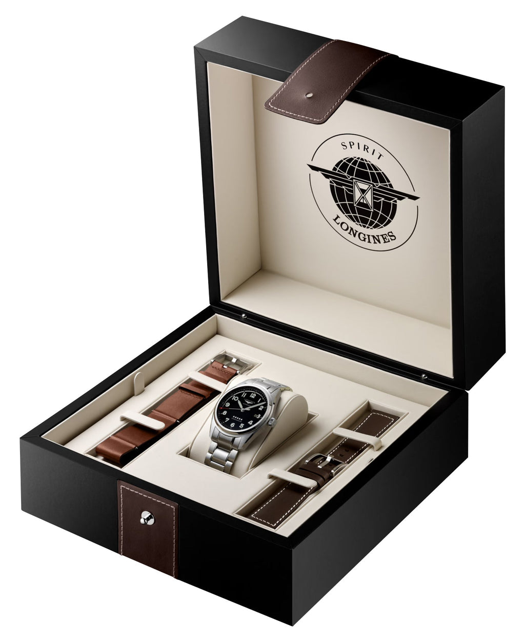 Longines Spirit Prestige Edition Automatic COSC Stainless Steel Black Dial Interchangeable Brown Leather/NATO Strap Date Mens Watch L3.811.4.53.9 wholesalehk.shop