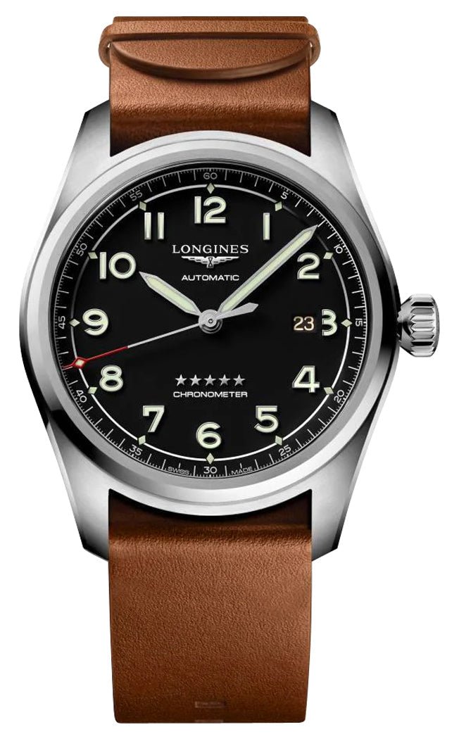 Longines Spirit Prestige Edition Automatic COSC Stainless Steel Black Dial Interchangeable Brown Leather/NATO Strap Date Mens Watch L3.811.4.53.9 wholesalehk.shop