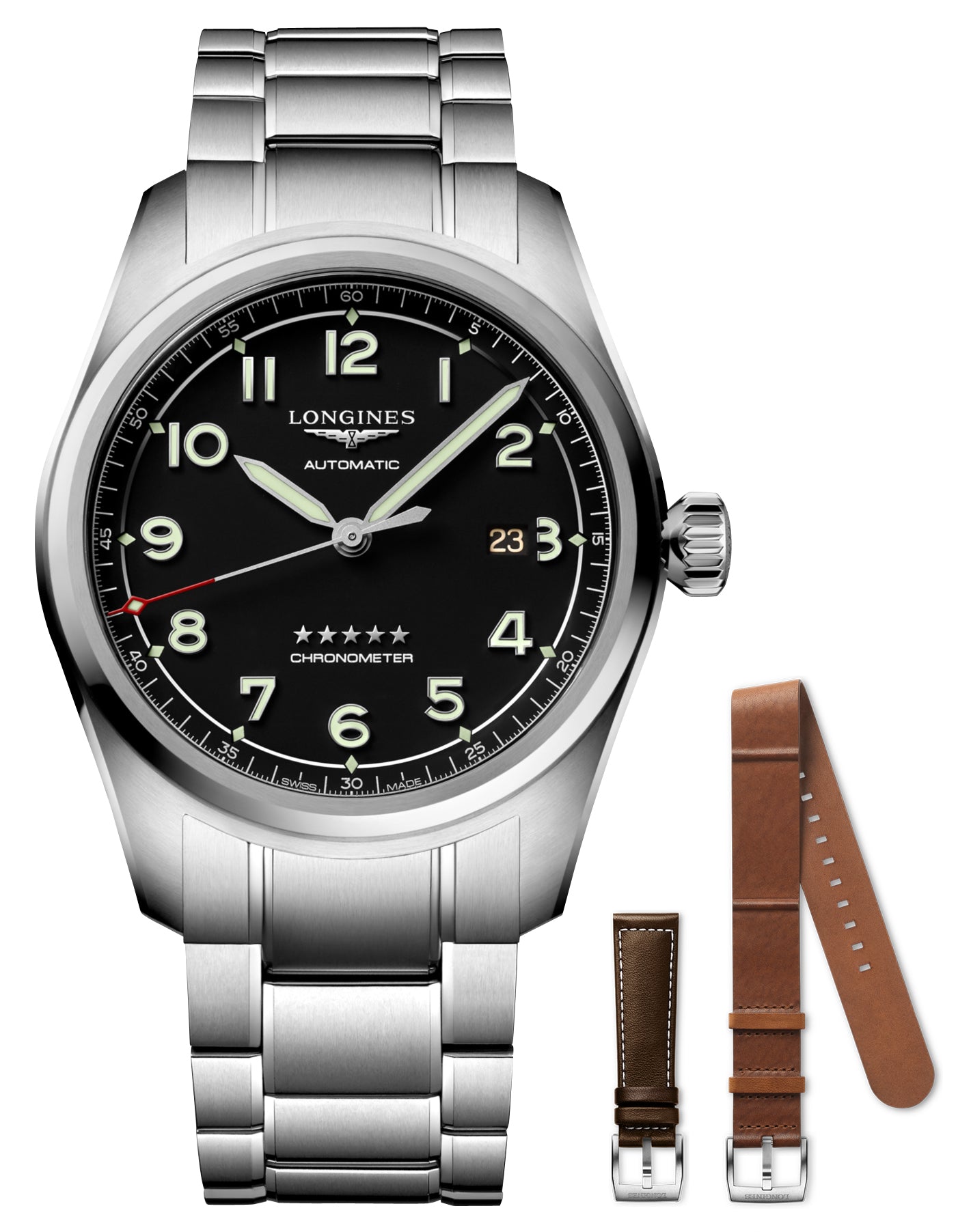 Longines Spirit Prestige Edition Automatic COSC Stainless Steel Black Dial Interchangeable Brown Leather/NATO Strap Date Mens Watch L3.811.4.53.9 wholesalehk.shop