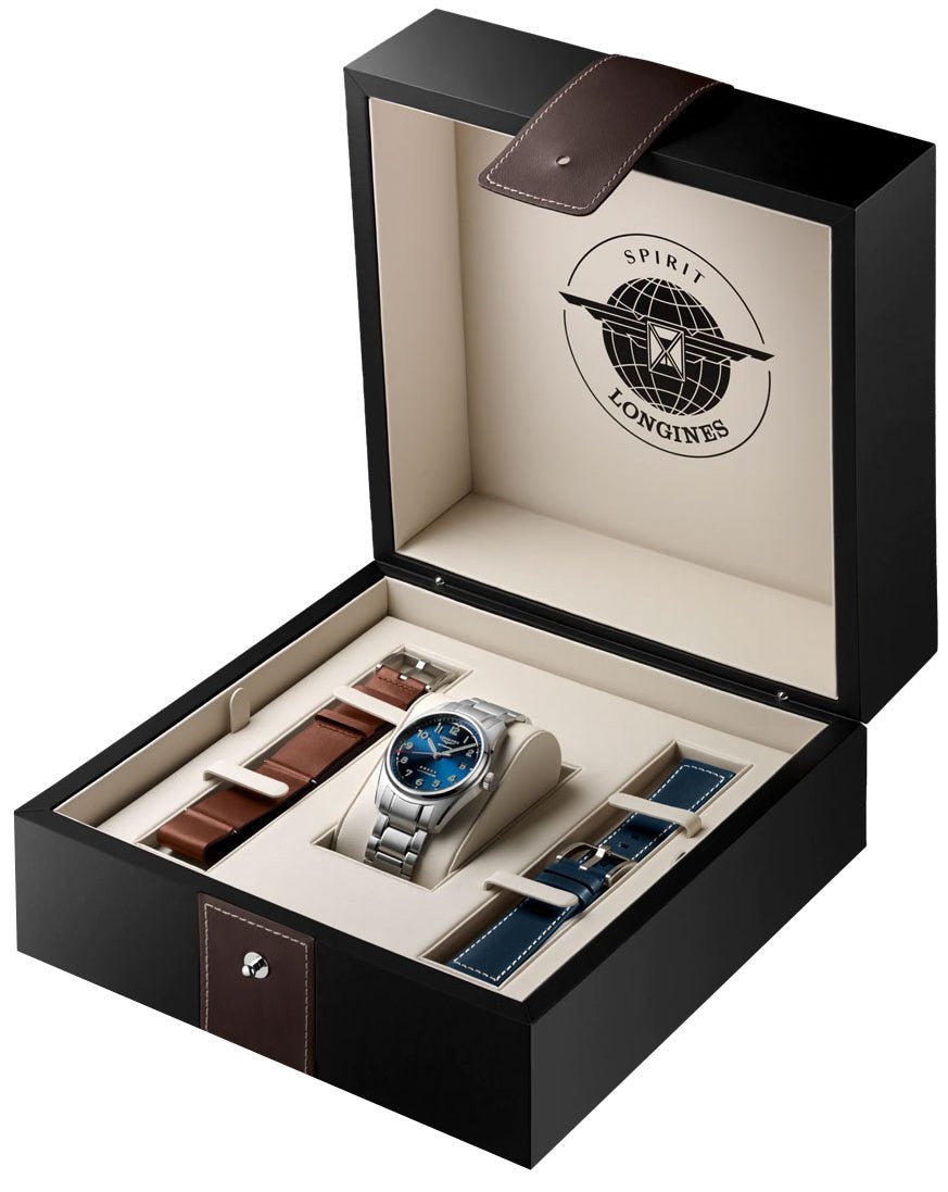 Longines Spirit Prestige Edition Automatic COSC Stainless Steel Blue Dial Interchangeable Blue/Brown Leather Strap Date Mens Watch L3.810.4.93.9 wholesalehk.shop