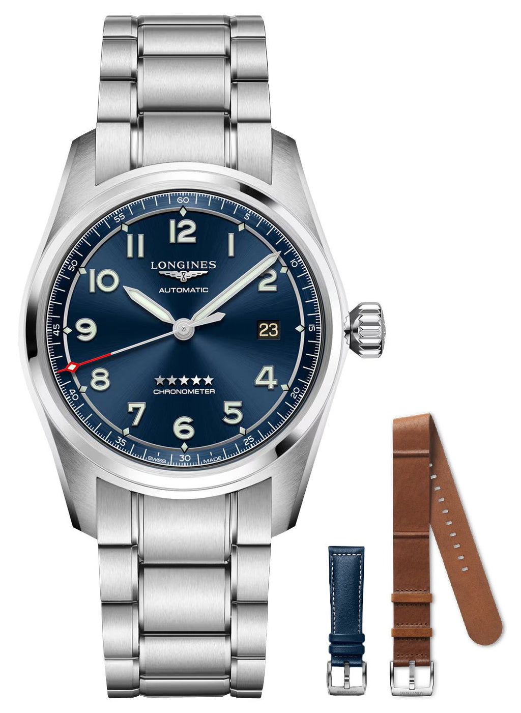 Longines Spirit Prestige Edition Automatic COSC Stainless Steel Blue Dial Interchangeable Blue/Brown Leather Strap Date Mens Watch L3.810.4.93.9 wholesalehk.shop