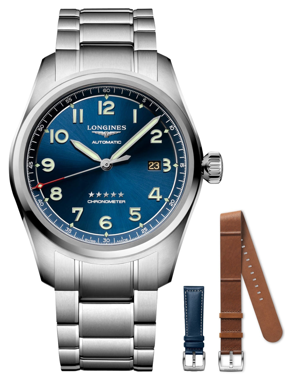 Longines Spirit Prestige Edition Automatic COSC Stainless Steel Blue Dial Interchangeable Blue/Brown Leather Strap Date Mens Watch L3.811.4.93.9 wholesalehk.shop