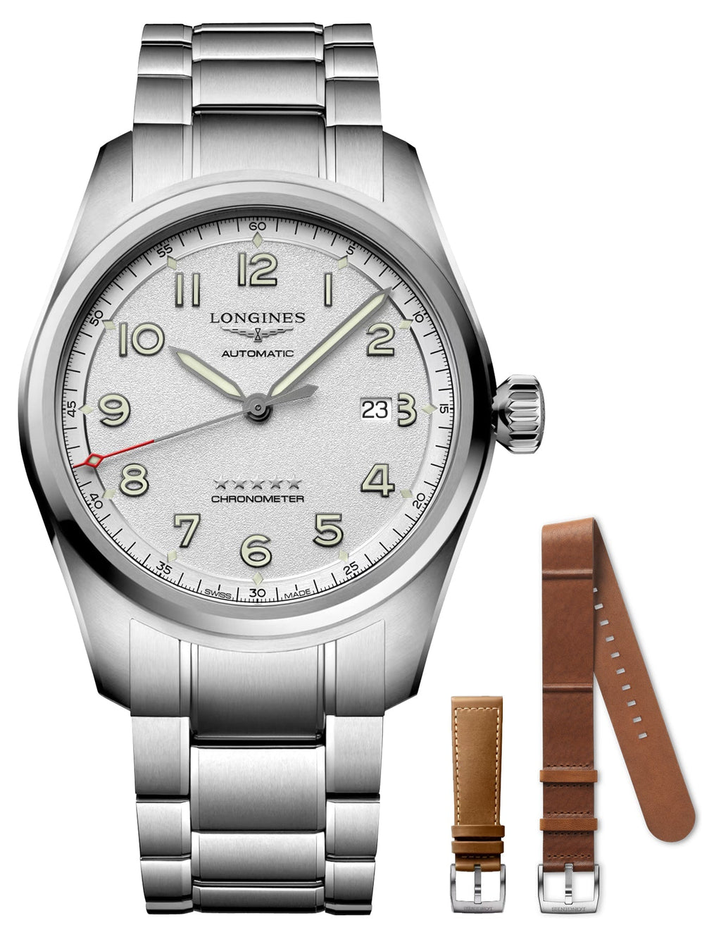 Longines Spirit Prestige Edition Automatic COSC Stainless Steel Silver Dial Interchangeable Brown Leather/NATO Strap Date Mens Watch L3.811.4.73.9 wholesalehk.shop