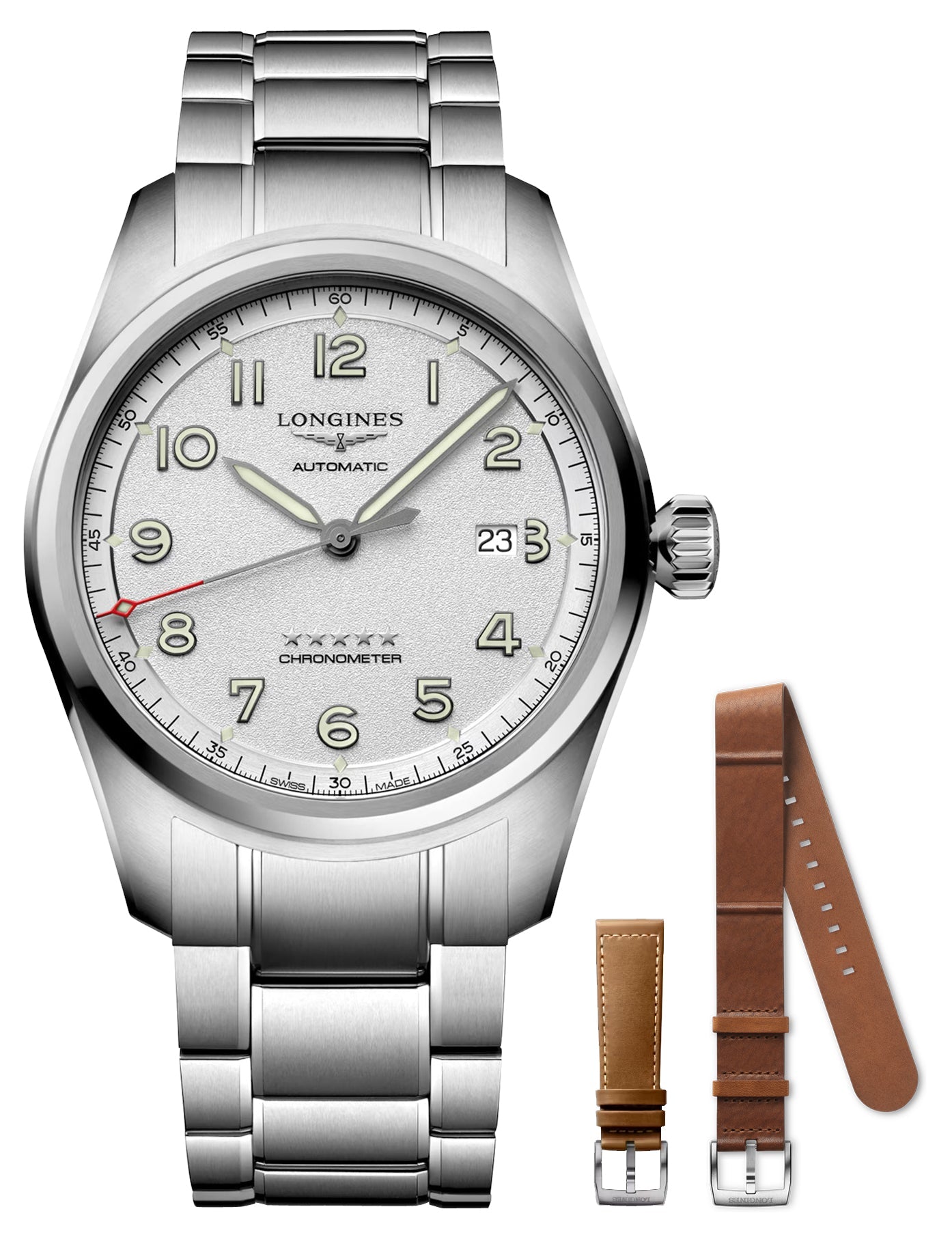 Longines Spirit Prestige Edition Automatic COSC Stainless Steel Silver Dial Interchangeable Brown Leather/NATO Strap Date Mens Watch L3.811.4.73.9 wholesalehk.shop