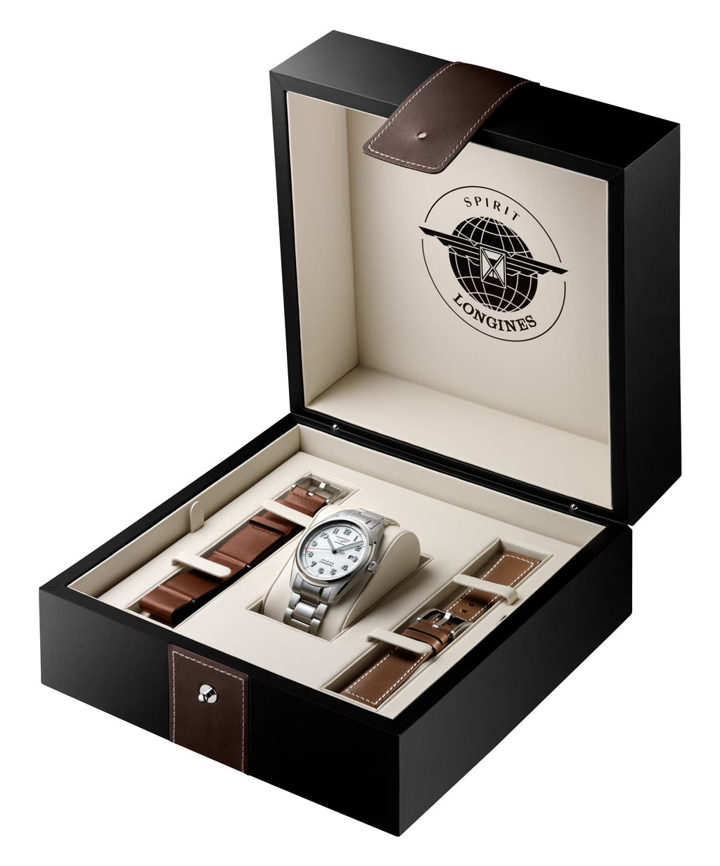 Longines Spirit Prestige Edition Automatic COSC Stainless Steel Silver Dial Interchangeable Brown Leather/NATO Strap Date Mens Watch L3.811.4.73.9 wholesalehk.shop