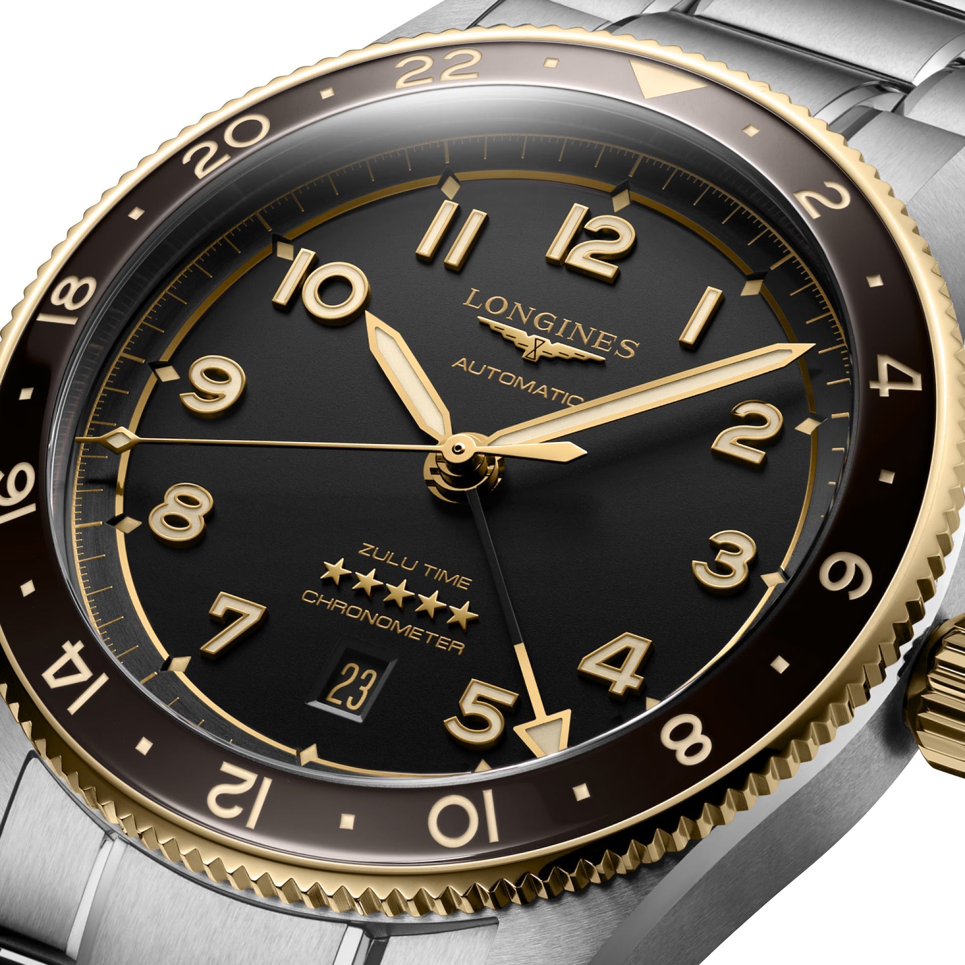 Longines Spirit Zulu Time Automatic GMT Chronometer Stainless Steel & 18K Yellow Gold Gray Dial Date Mens Watch L3.812.5.53.6 wholesalehk.shop