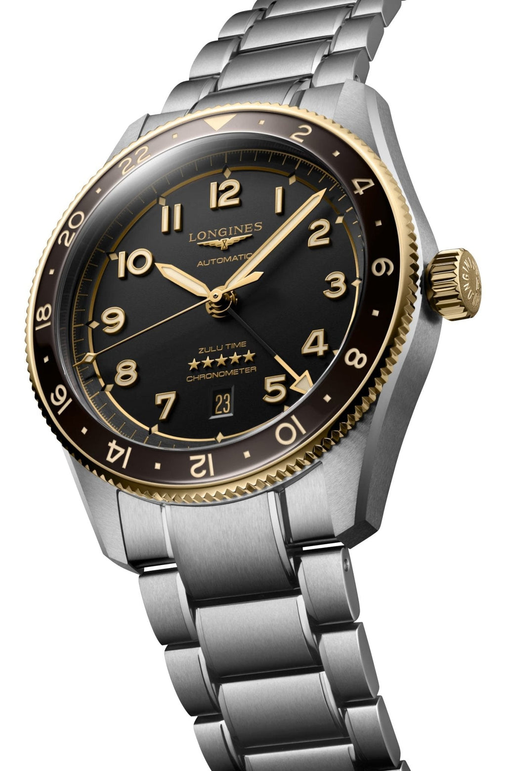 Longines Spirit Zulu Time Automatic GMT Chronometer Stainless Steel & 18K Yellow Gold Gray Dial Date Mens Watch L3.812.5.53.6 wholesalehk.shop