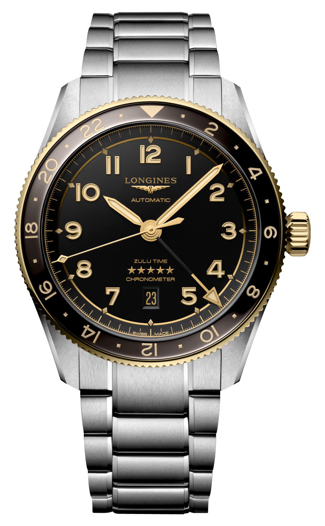Longines Spirit Zulu Time Automatic GMT Chronometer Stainless Steel & 18K Yellow Gold Gray Dial Date Mens Watch L3.812.5.53.6 wholesalehk.shop