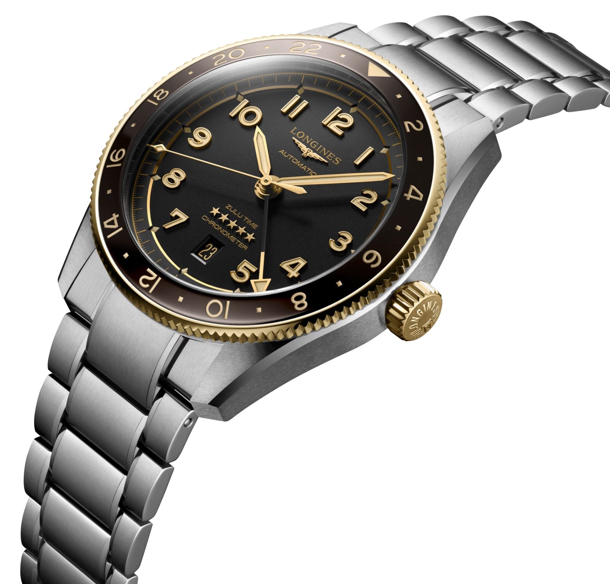 Longines Spirit Zulu Time Automatic GMT Chronometer Stainless Steel & 18K Yellow Gold Gray Dial Date Mens Watch L3.812.5.53.6 wholesalehk.shop