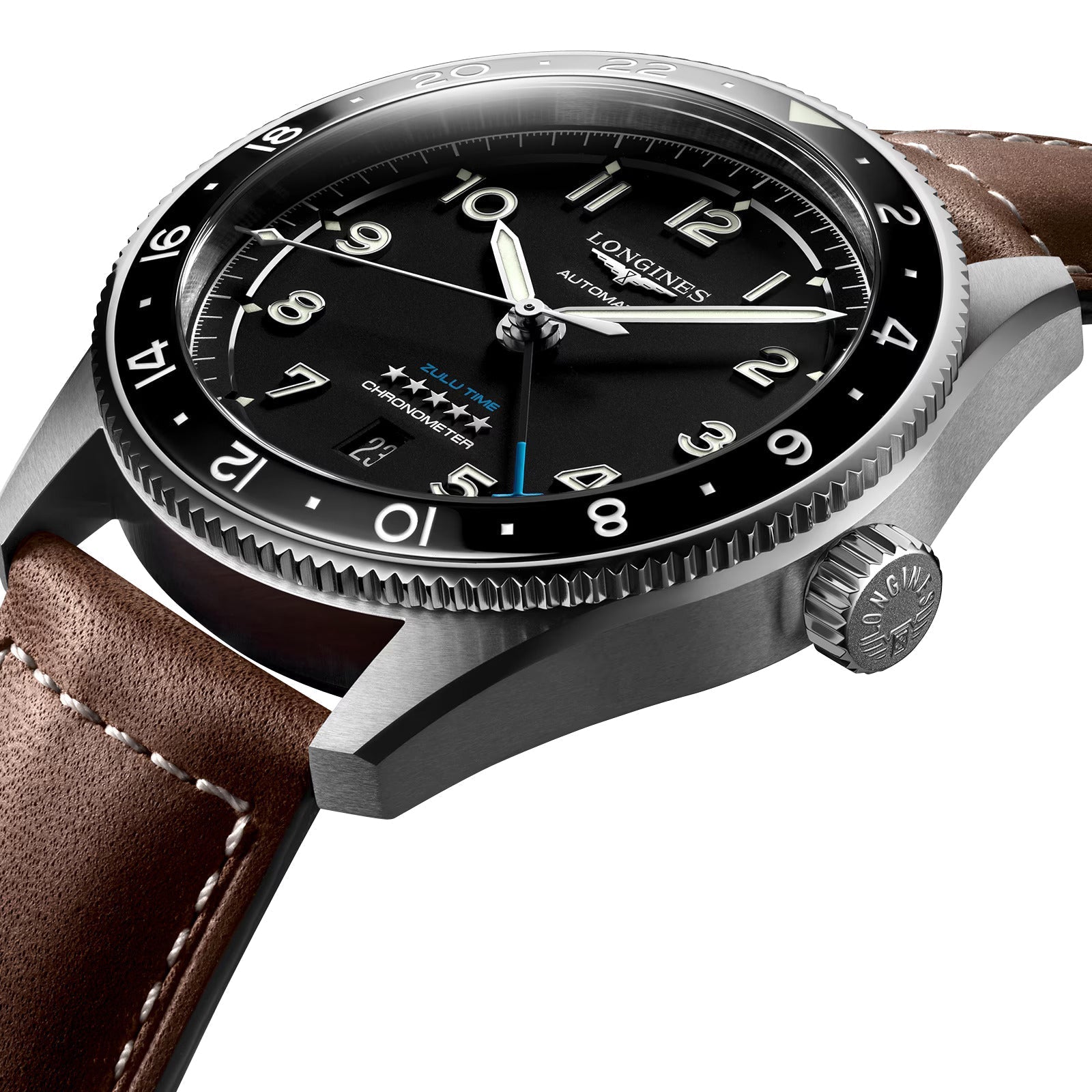 Longines Spirit Zulu Time Automatic GMT Chronometer Stainless Steel Black Dial Brown Leather Strap Date Mens Watch L3.812.4.53.2 wholesalehk.shop