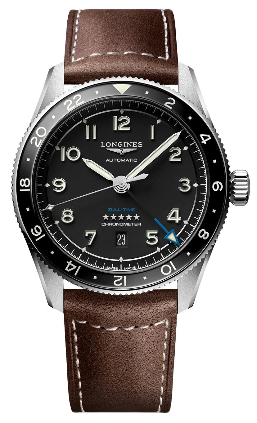 Longines Spirit Zulu Time Automatic GMT Chronometer Stainless Steel Black Dial Brown Leather Strap Date Mens Watch L3.812.4.53.2 wholesalehk.shop