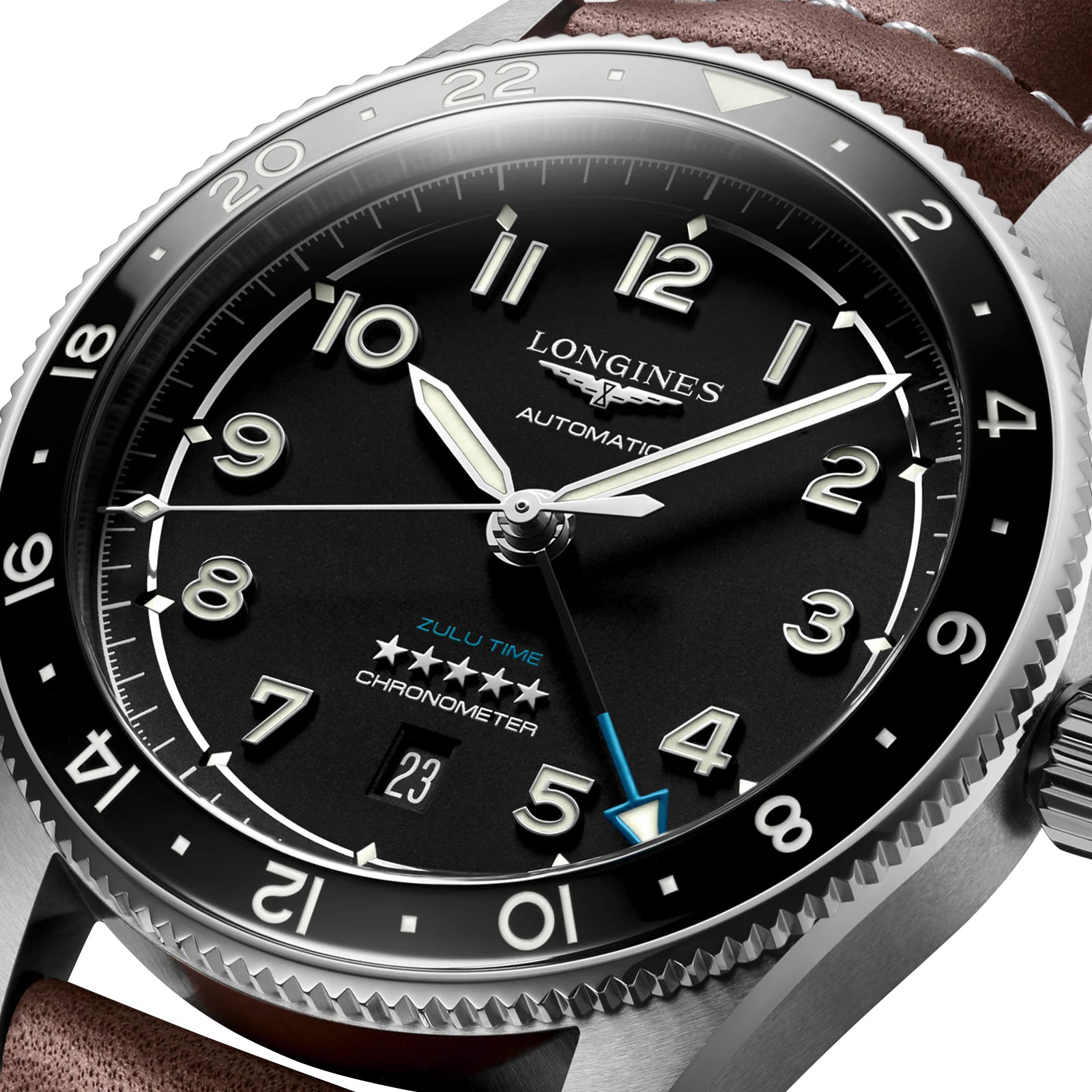 Longines Spirit Zulu Time Automatic GMT Chronometer Stainless Steel Black Dial Brown Leather Strap Date Mens Watch L3.812.4.53.2 wholesalehk.shop
