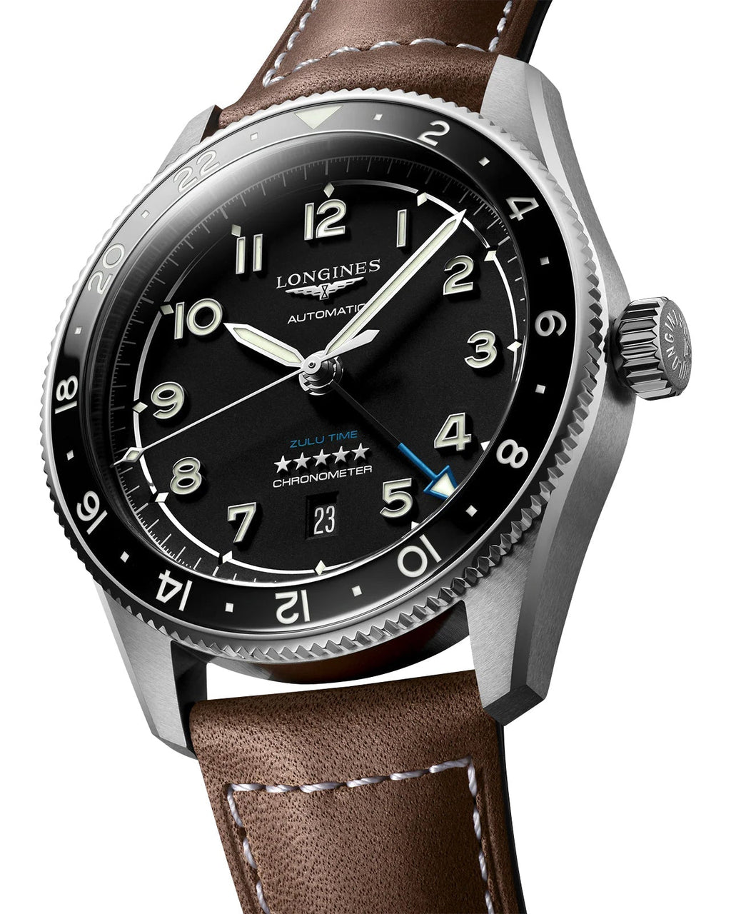 Longines Spirit Zulu Time Automatic GMT Chronometer Stainless Steel Black Dial Brown Leather Strap Date Mens Watch L3.812.4.53.2 wholesalehk.shop