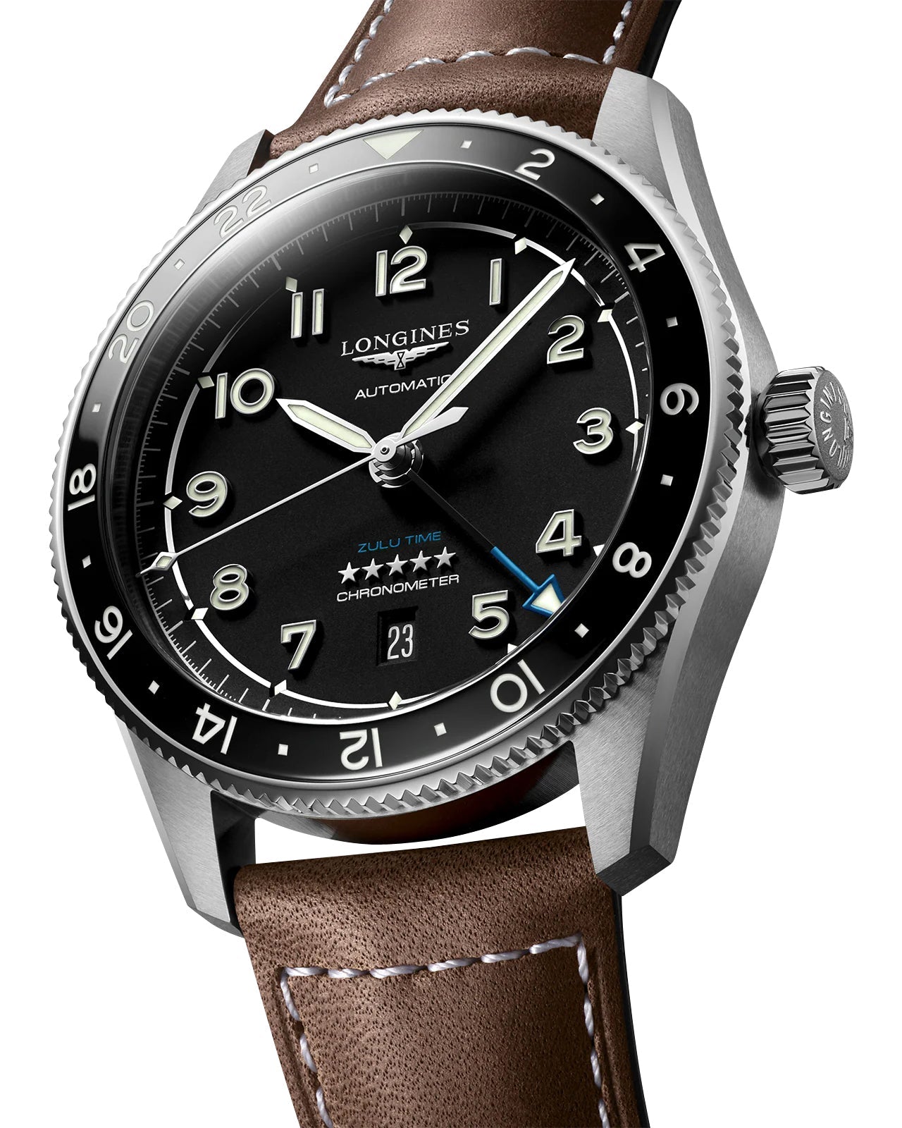 Longines Spirit Zulu Time Automatic GMT Chronometer Stainless Steel Black Dial Brown Leather Strap Date Mens Watch L3.812.4.53.2 wholesalehk.shop