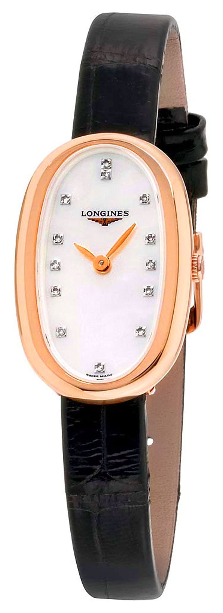 Longines Symphonette Rose Gold Black Leather Strap Diamond & Mother-of-Pearl Dial Womens Watch L2.305.8.87.0 wholesalehk.shop