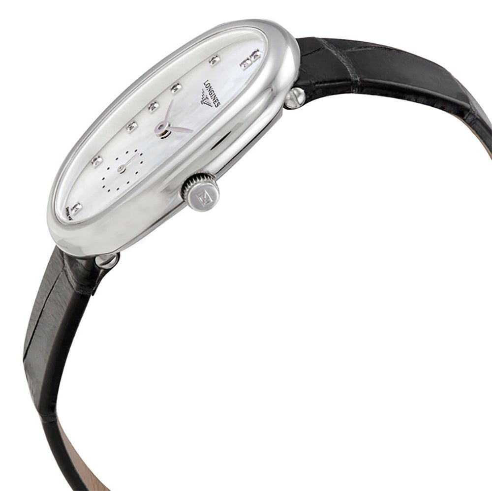 Longines Symphonette Stainless Steel Mother-of-Pearl Dial Black Leather Strap Diamonds Quartz Womens Watch L2.306.4.87.0 wholesalehk.shop