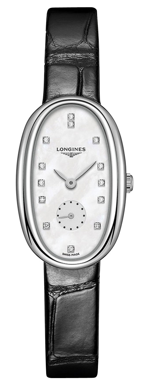 Longines Symphonette Stainless Steel Mother-of-Pearl Dial Black Leather Strap Diamonds Quartz Womens Watch L2.306.4.87.0 wholesalehk.shop
