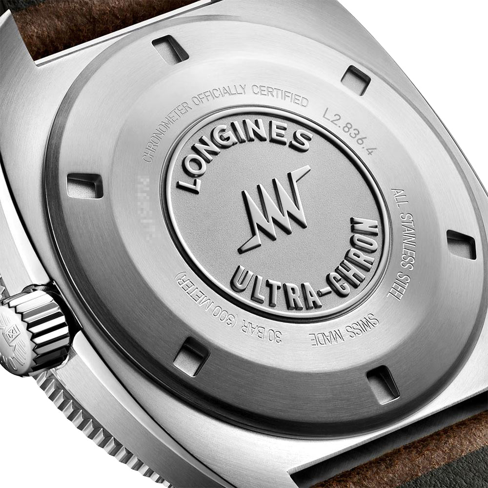 Longines Ultra-Chron Box Edition Automatic Chronometer Stainless Steel Black Dial Brown Leather Interchangeable Black/Red Nylon Strap Divers Mens Watch L2.836.4.52.8 wholesalehk.shop