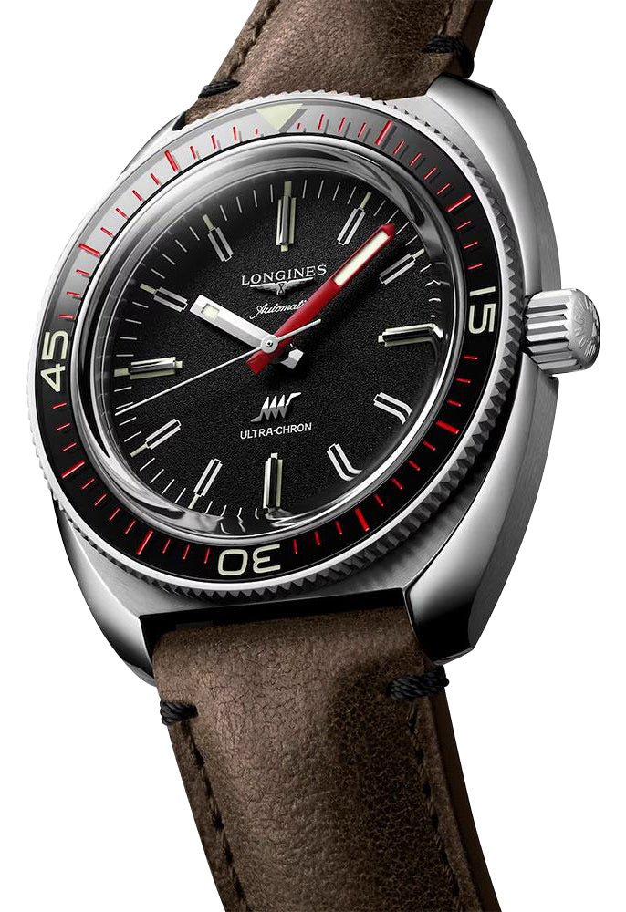 Longines Ultra-Chron Box Edition Automatic Chronometer Stainless Steel Black Dial Brown Leather Interchangeable Black/Red Nylon Strap Divers Mens Watch L2.836.4.52.8 wholesalehk.shop