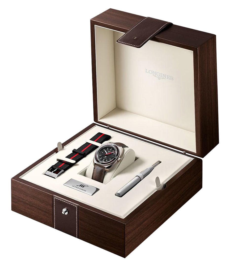 Longines Ultra-Chron Box Edition Automatic Chronometer Stainless Steel Black Dial Brown Leather Interchangeable Black/Red Nylon Strap Divers Mens Watch L2.836.4.52.8 wholesalehk.shop