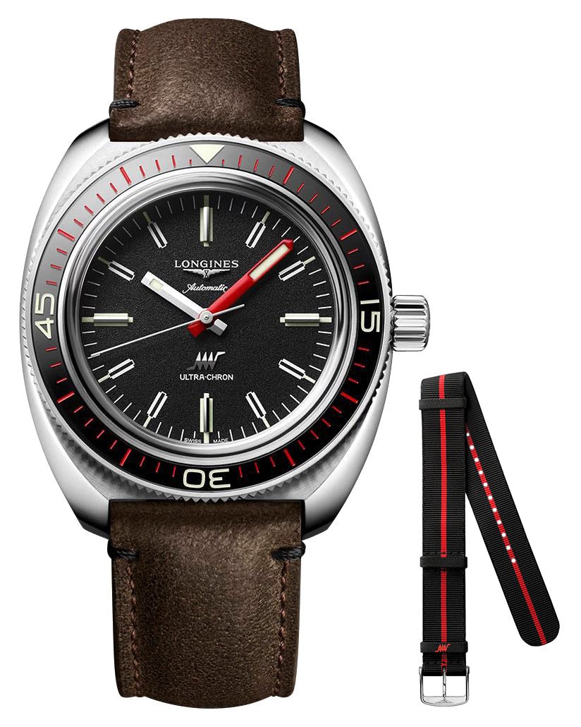 Longines Ultra-Chron Box Edition Automatic Chronometer Stainless Steel Black Dial Brown Leather Interchangeable Black/Red Nylon Strap Divers Mens Watch L2.836.4.52.8 wholesalehk.shop