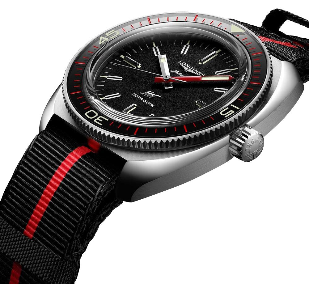 Longines Ultra-Chron Box Edition Automatic Chronometer Stainless Steel Black Dial Brown Leather Interchangeable Black/Red Nylon Strap Divers Mens Watch L2.836.4.52.8 wholesalehk.shop