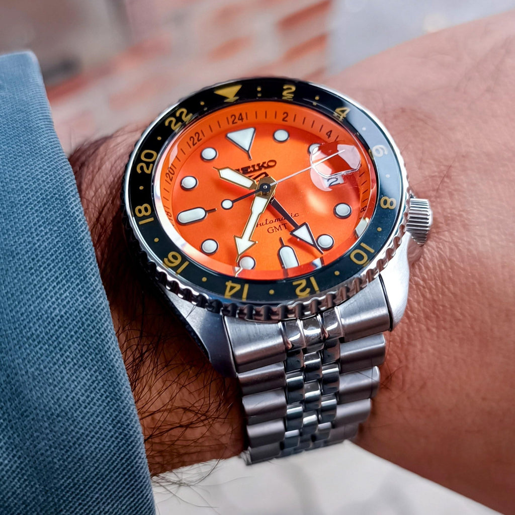Seiko 5 Sports GMT Automatic Orange Dial Silver Steel Strap Watch For Men - SSK005K1 wholesalehk.shop
