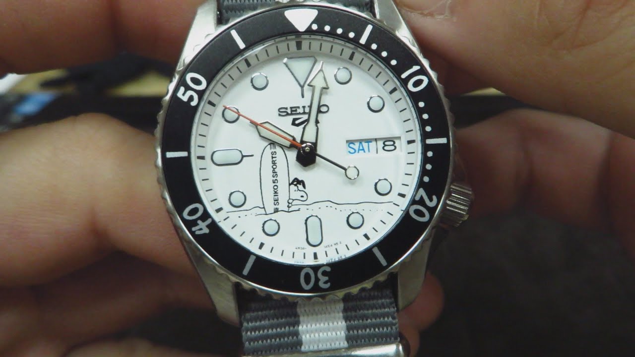 Seiko 5 Sports x Peanuts Surfboard Snoopy Limited Edition White Dial Two Tone NATO Strap Watch For Men - SRPK25K1 wholesalehk.shop