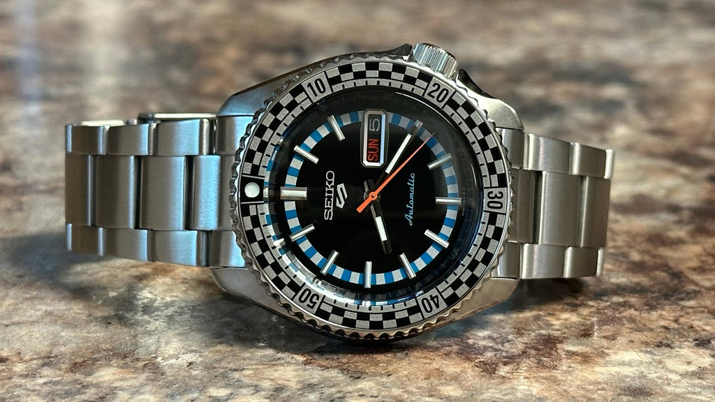 Seiko 5 Sports Checker Flag Special Edition Black Dial Silver Steel Strap Watch For Men - SRPK67K1 wholesalehk.shop