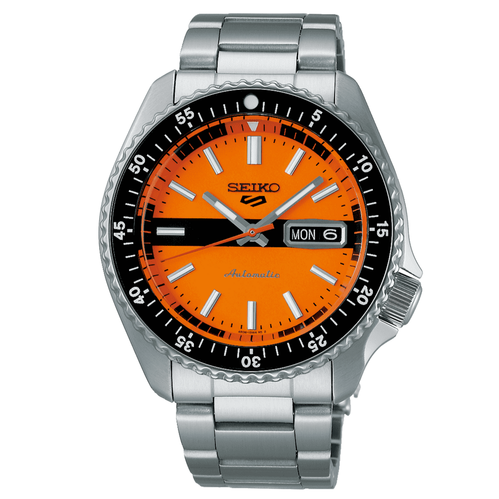 Seiko 5 Sports Double Hurricane Retro Orange Dial Silver Steel Strap Watch For Men - SRPK11K1 wholesalehk.shop