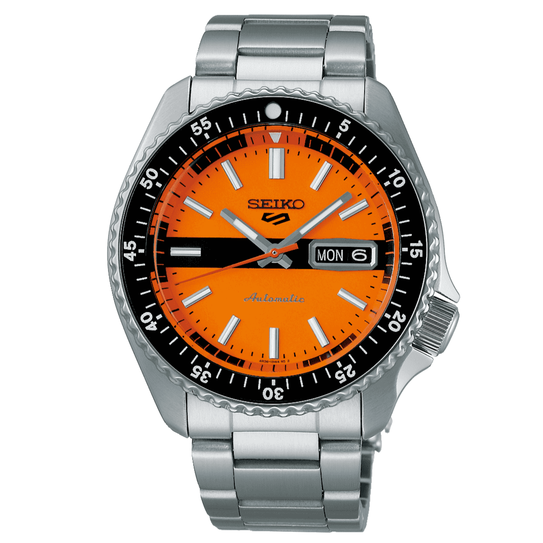 Seiko 5 Sports Double Hurricane Retro Orange Dial Silver Steel Strap Watch For Men - SRPK11K1 wholesalehk.shop
