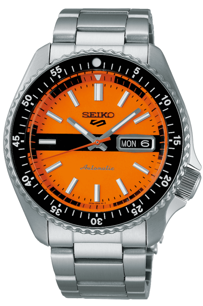 Seiko 5 Sports Double Hurricane Retro Orange Dial Silver Steel Strap Watch For Men - SRPK11K1 wholesalehk.shop