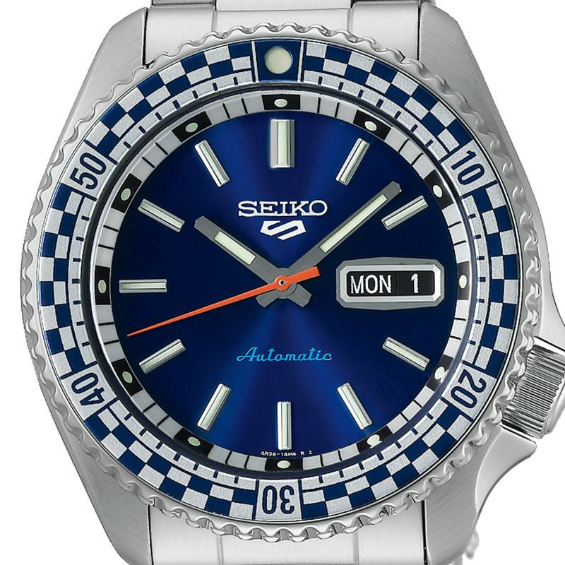 Seiko 5 Sports Petrol Blue Checker Flag Special Edition Blue Dial Silver Steel Strap Watch For Men - SRPK65K1 wholesalehk.shop